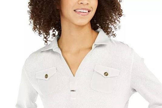 Tommy Hilfiger Blusa Feminina Waffle-Knit Popover Branca Tamanho P