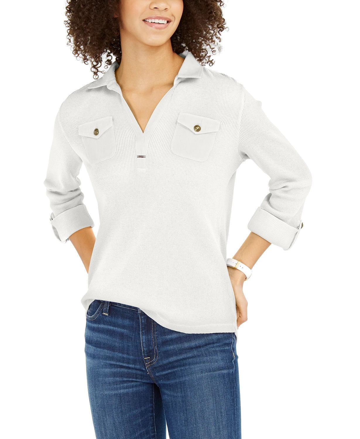 Tommy Hilfiger Blusa Feminina Waffle Knit Popover Branca Tamanho X-G