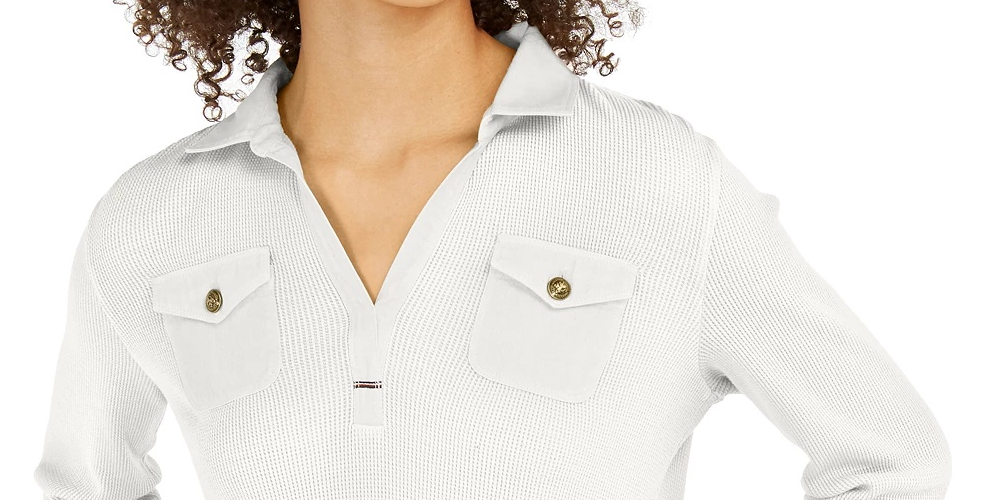 Tommy Hilfiger Blusa Feminina Waffle Knit Popover Branca Tamanho X-G