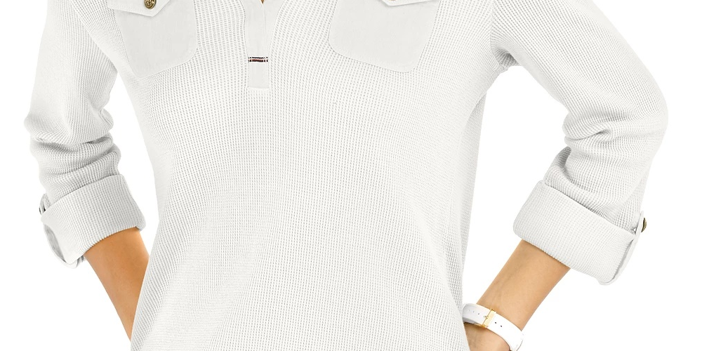 Tommy Hilfiger Blusa Feminina Waffle Knit Popover Branca Tamanho X-G