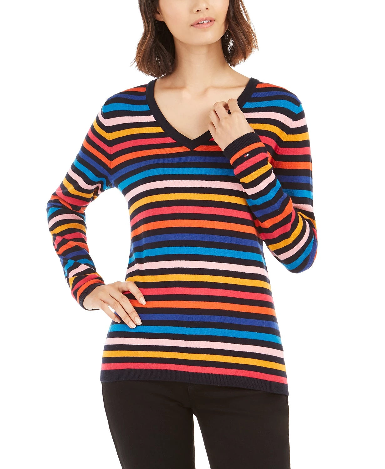 Suéter feminino Tommy Hilfiger de algodão listrado com decote em V, azul, tamanho grande