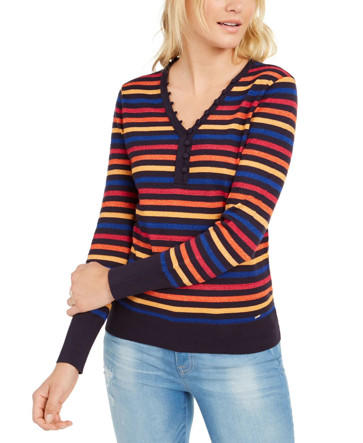 Tommy Hilfiger Top Henley Listrado Metálico Feminino Médio Vermelho Tamanho GG