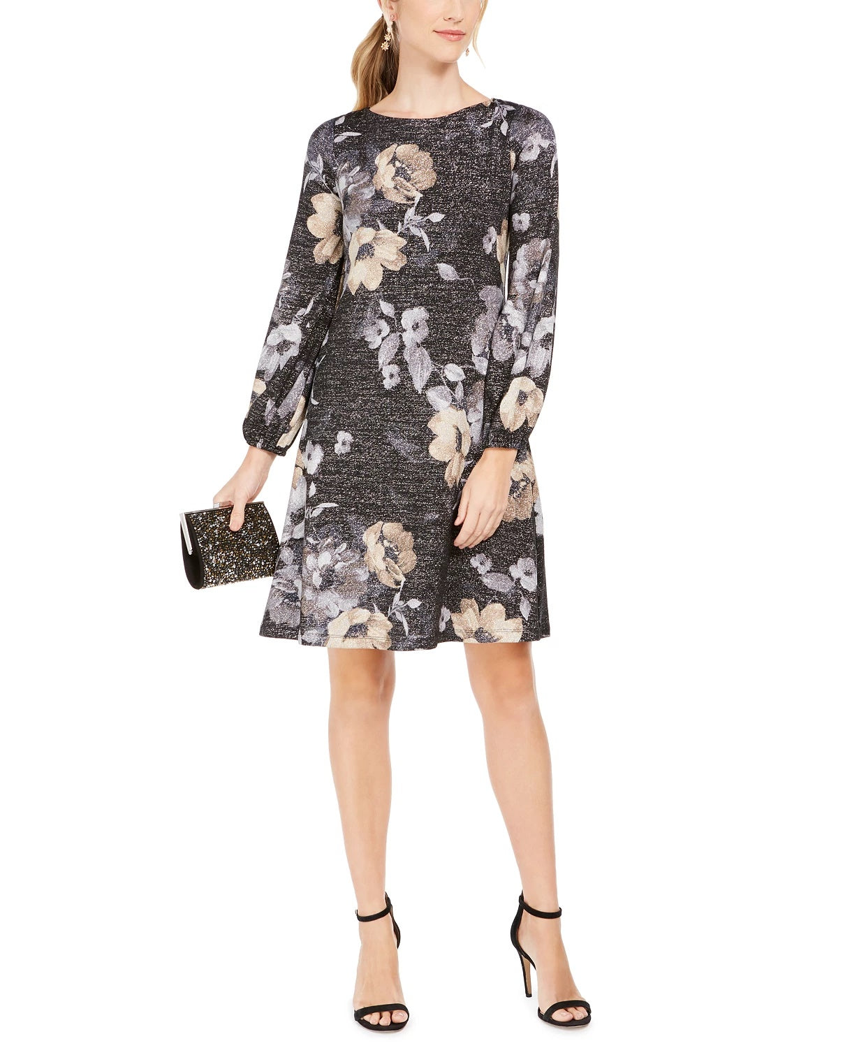 Vestido feminino Jessica Howard com estampa floral metálica, cor carvão, tamanho 1