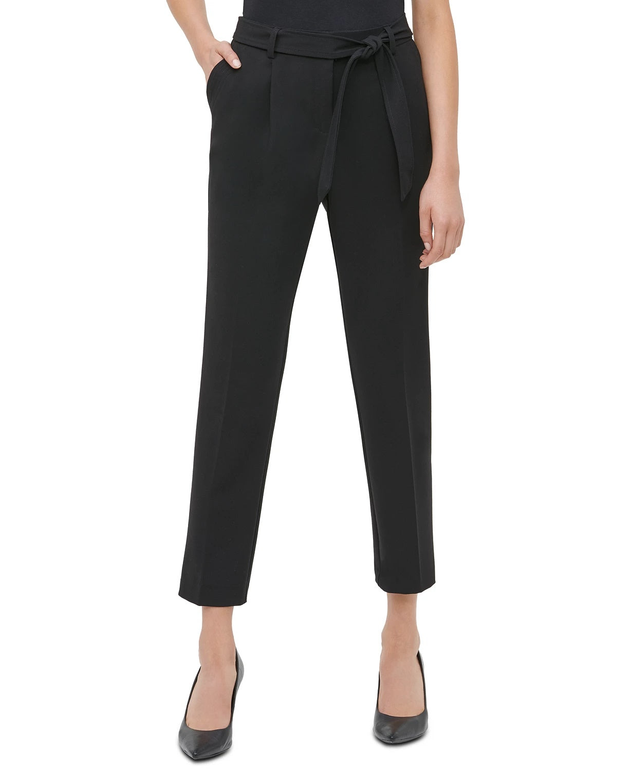 Calça feminina Calvin Klein com cinto e perna reta, preta, tamanho 6