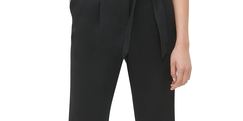 Calça feminina Calvin Klein com cinto e perna reta, preta, tamanho 6