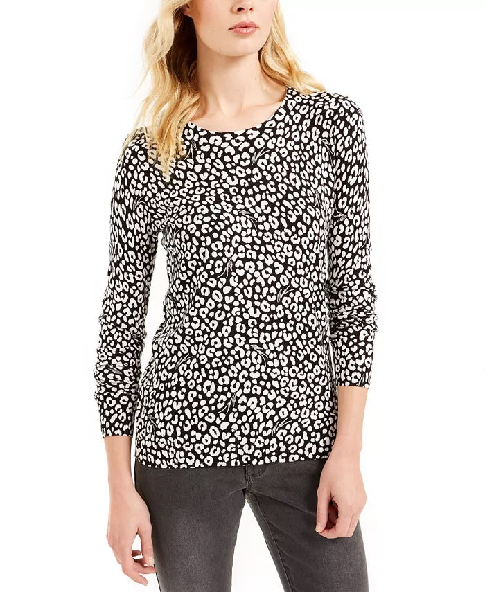 Michael Kors Suéter Feminino Preto Animal Print Manga 3/4 Gola Redonda Branco Tamanho P