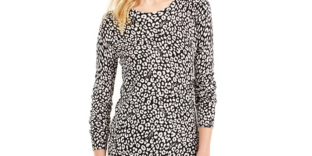 Michael Kors Suéter Feminino Preto Animal Print Manga 3/4 Gola Redonda Branco Tamanho P
