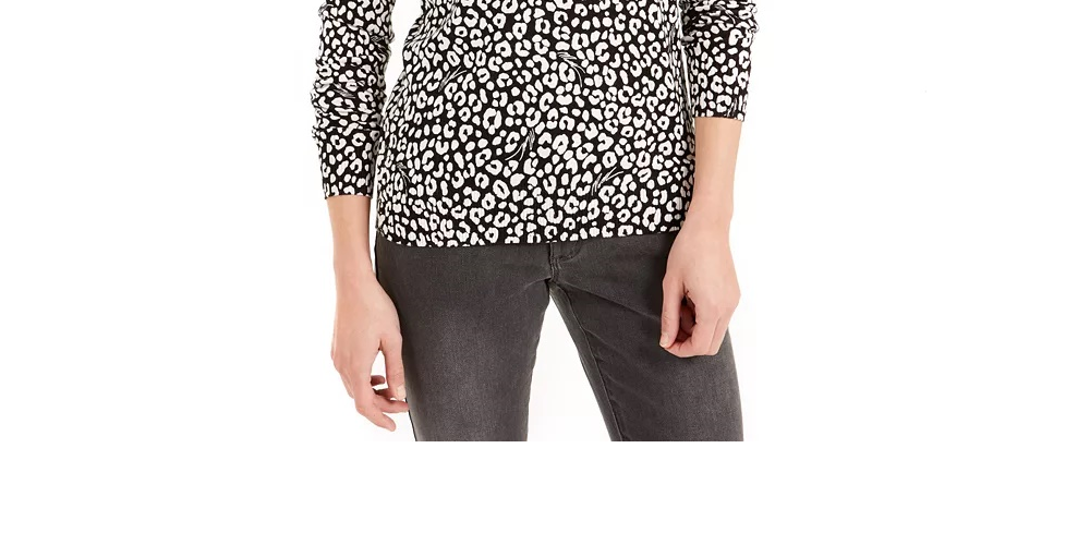 Michael Kors Suéter Feminino Preto Animal Print Manga 3/4 Gola Redonda Branco Tamanho P