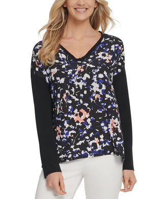 Blusa feminina DKNY com decote em V e estampa de mídia mista, preta, tamanho grande