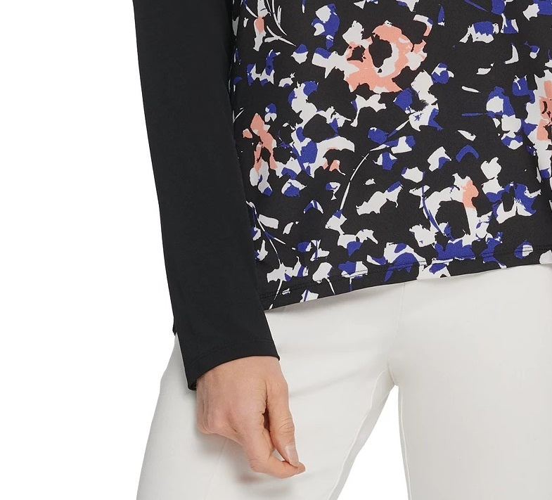 Blusa feminina DKNY com decote em V e estampa de mídia mista, preta, tamanho grande