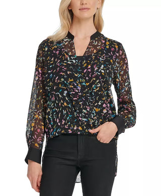 Blusa de malha estampada cruzada feminina DKNY, azul, tamanho extra grande