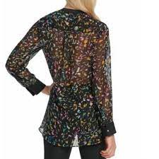Blusa de malha estampada cruzada feminina DKNY, azul, tamanho extra grande