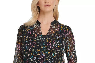 Blusa de malha estampada cruzada feminina DKNY, azul, tamanho extra grande