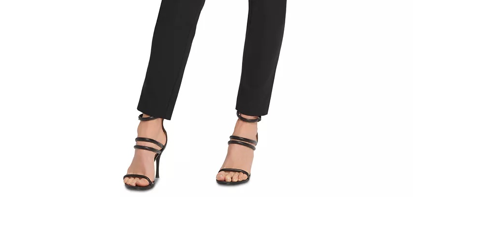 Calça feminina DKNY com acabamento em couro sintético e perna reta, preta, tamanho 0