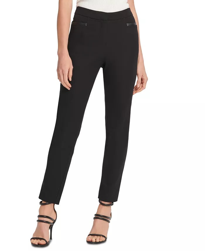 Calça feminina DKNY com acabamento em couro sintético e perna reta, preta, tamanho 4