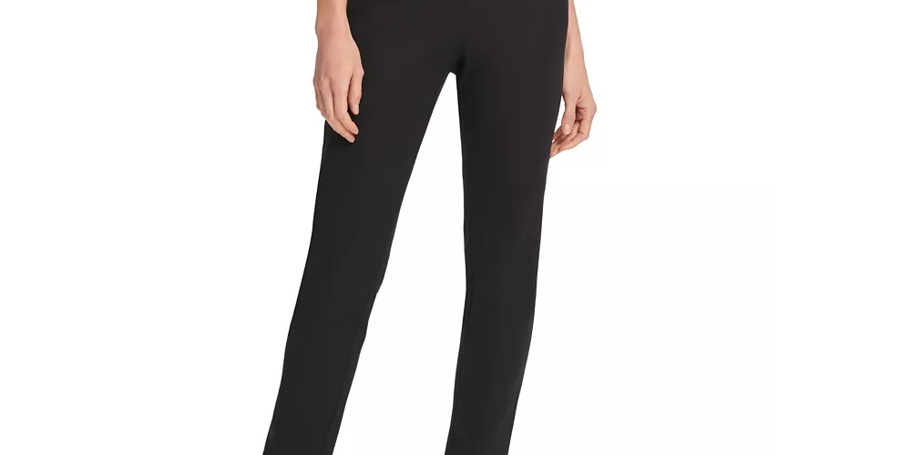 Calça feminina DKNY com acabamento em couro sintético e perna reta, preta, tamanho 4