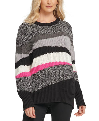 Suéter DKNY feminino com gola redonda e blocos de cores, cinza, tamanho grande