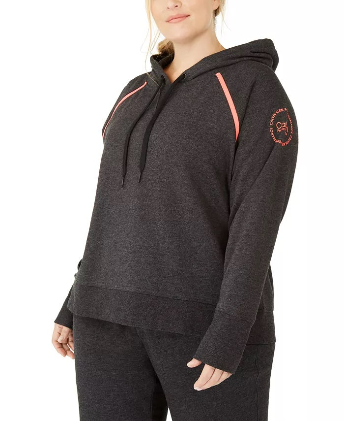 Calvin Klein Moletom com capuz feminino plus size, manga raglan, preto, tamanho 1X