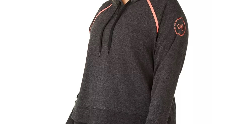 Calvin Klein Moletom com capuz feminino plus size, manga raglan, preto, tamanho 1X