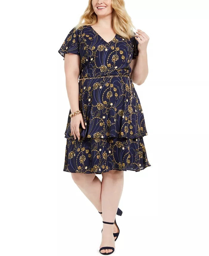 Vestido estampado com cinto e flare Teeze Me Junior's Plus, azul marinho, tamanho 16