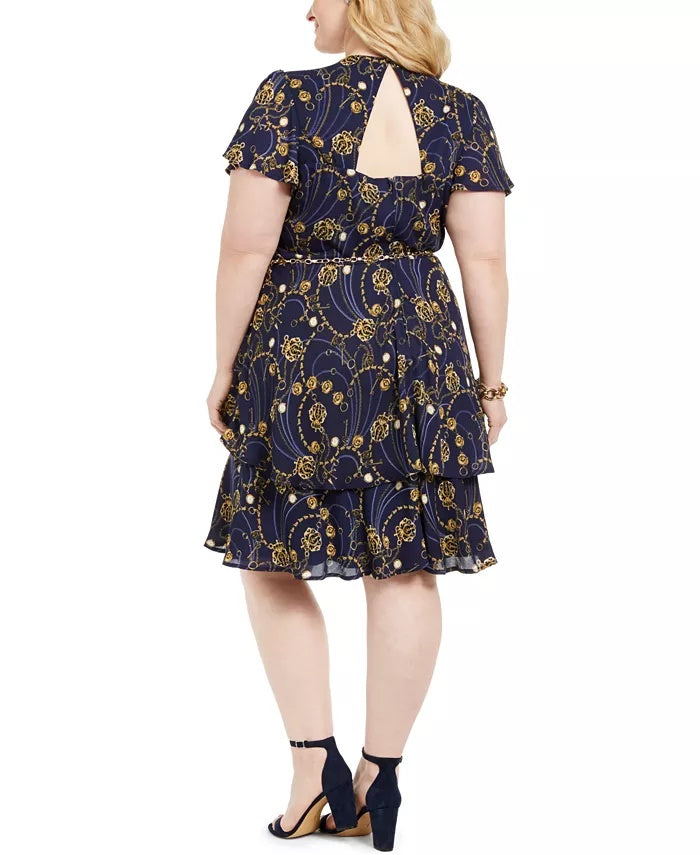 Vestido estampado com cinto e flare Teeze Me Junior's Plus, azul marinho, tamanho 16