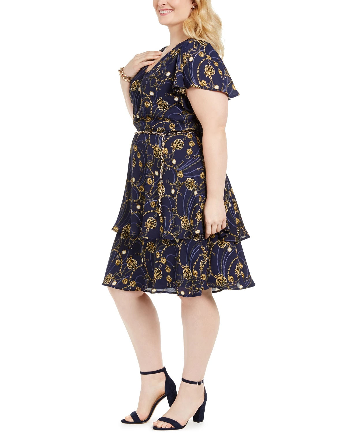 Vestido estampado com cinto e flare Teeze Me Junior's Plus, azul marinho, tamanho 16