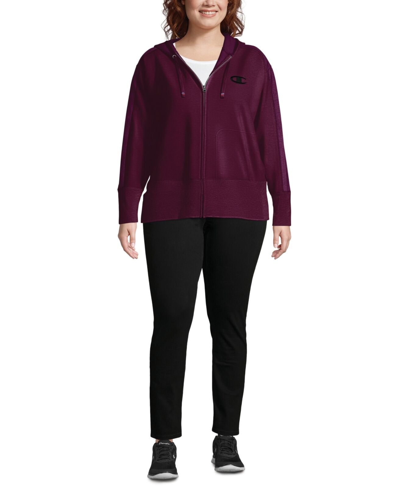 Moletom com capuz Champion Plus feminino tamanho Heritage com zíper e detalhes em espinha de peixe roxo escuro tamanho 1X