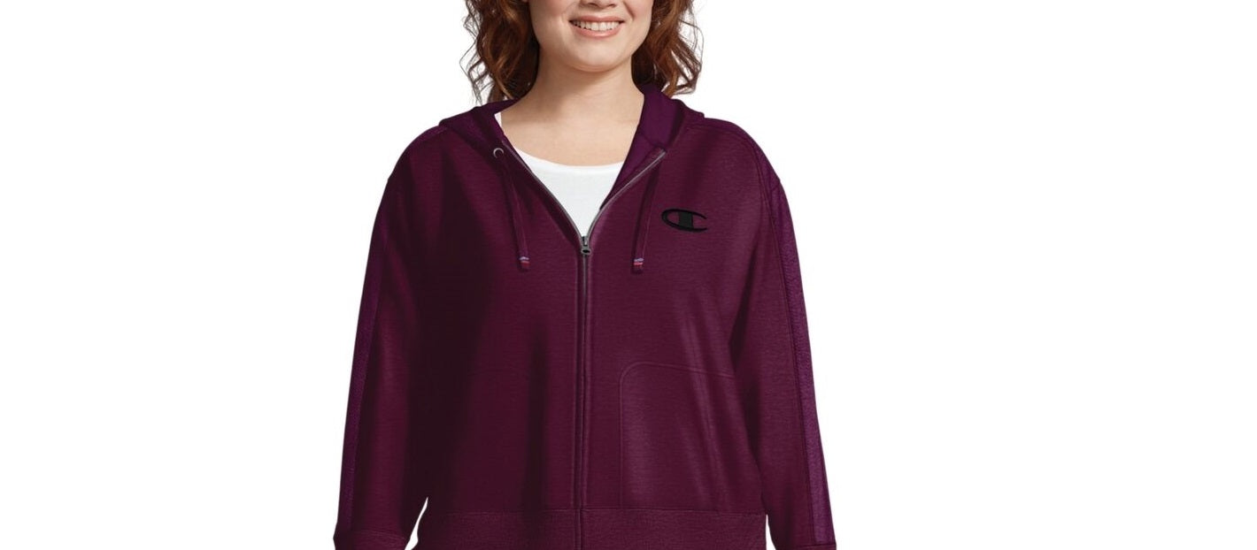 Moletom com capuz Champion Plus feminino tamanho Heritage com zíper e detalhes em espinha de peixe roxo escuro tamanho 2X
