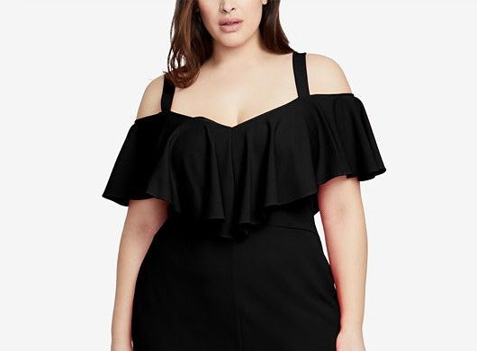 Vestido feminino Marcella com babados e ombros descobertos, tamanho grande, preto, tamanho 20, da Rachel Rachel Roy