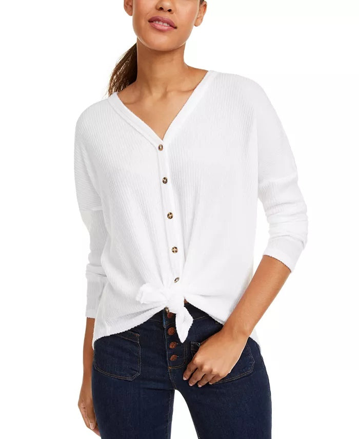Blusa canelada aconchegante com amarração frontal Ultra Flirt Juniors, branca, tamanho médio