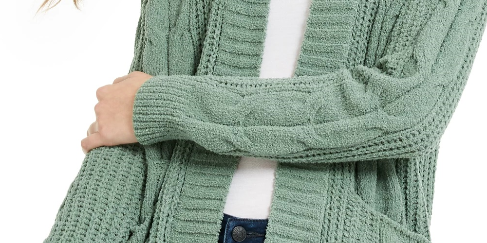 Cardigan de malha mista em chenille Ultra Flirt Juniors, verde escuro, tamanho grande