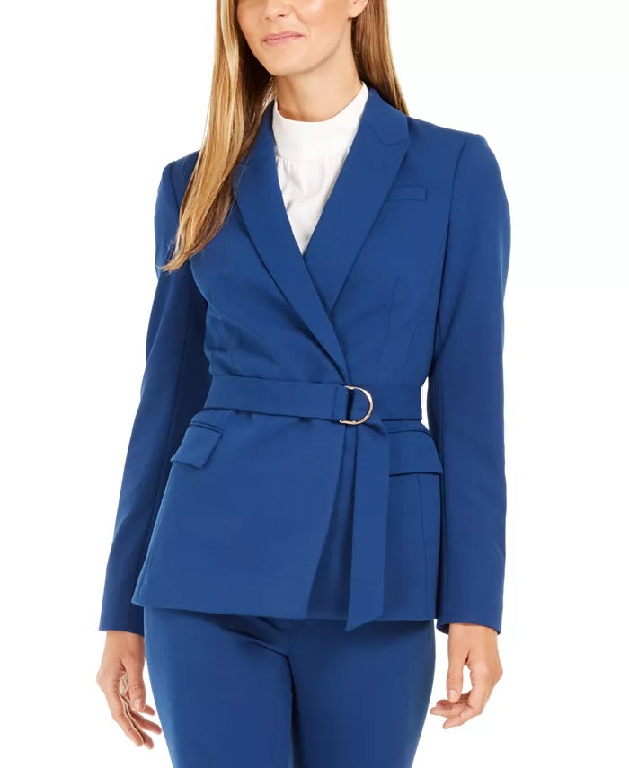 Calvin Klein Blazer Feminino Scuba Crepe com Cinto Azul Tamanho 16