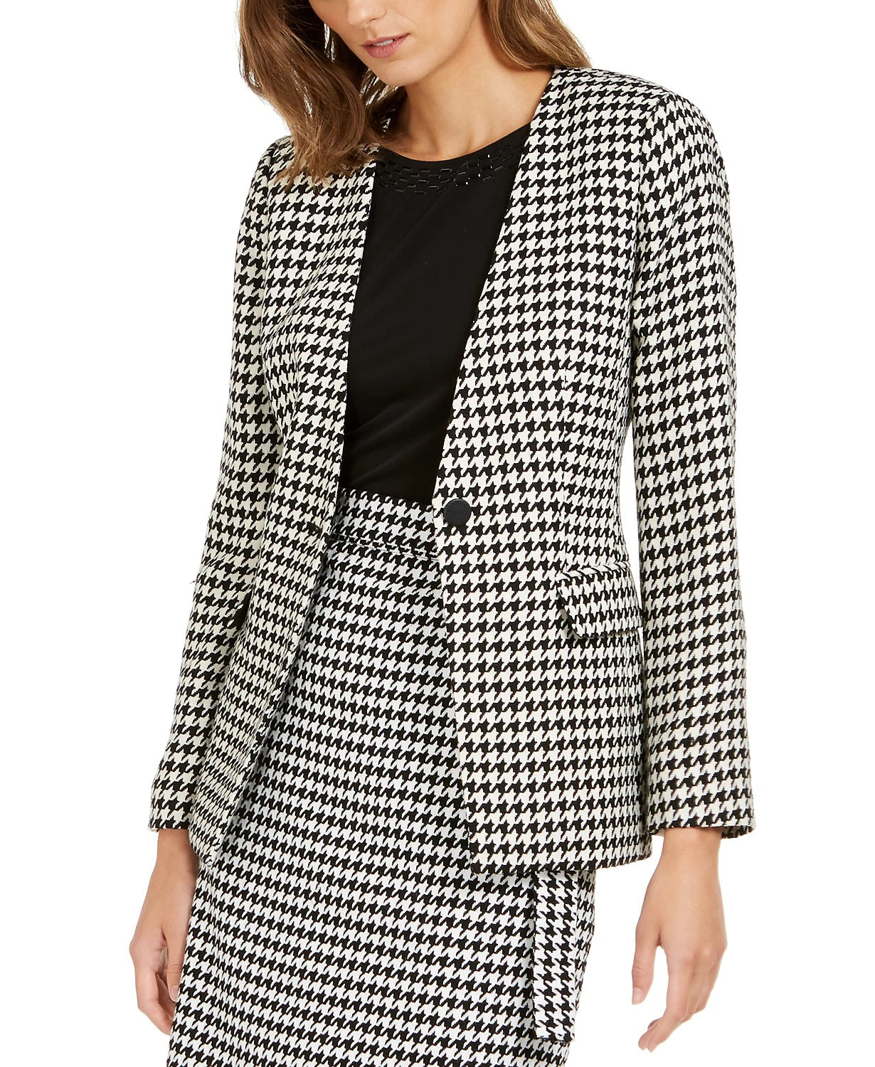 Calvin Klein Blazer Feminino Estampa Pied-de-poule com Botão Único Cinza Tamanho 14