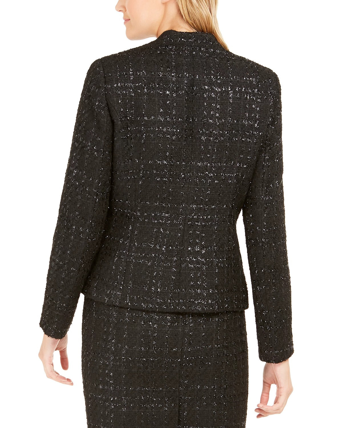 Calvin Klein Blazer Feminino Metallic Tweed Aberto na Frente Preto Tamanho 8