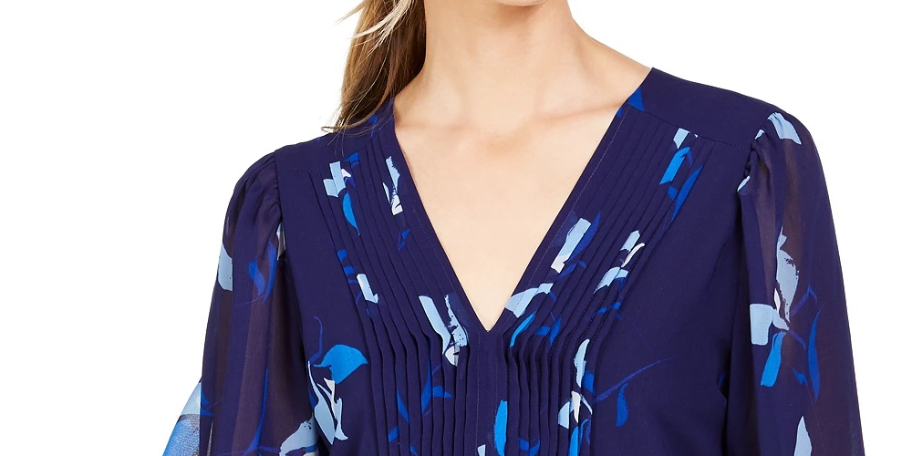 Blusa Calvin Klein Feminina Estampada Floral Pintuck Plissada Azul Tamanho P