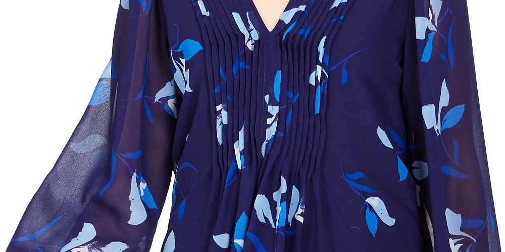 Blusa Calvin Klein Feminina Estampada Floral Pintuck Plissada Azul Tamanho P