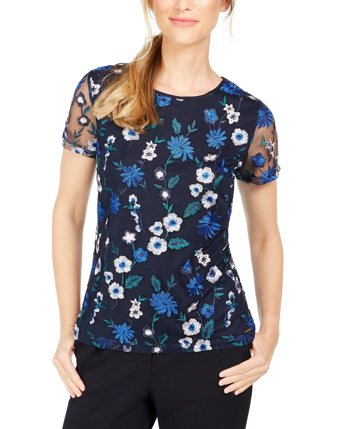 Blusa de malha bordada floral feminina Calvin Klein, azul, tamanho médio