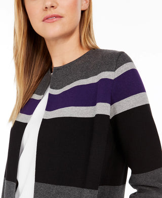 Calvin Klein Cardigan Feminino Listrado Aberto na Frente Cinza Tamanho Grande