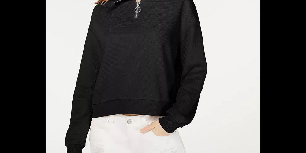 Blusa de malha waffle infantil Crave Fame com zíper, tamanho grande, preta