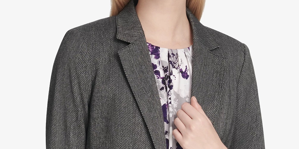 Jaqueta feminina Calvin Klein Herringbone com um botão, cinza médio, tamanho 6 Petite