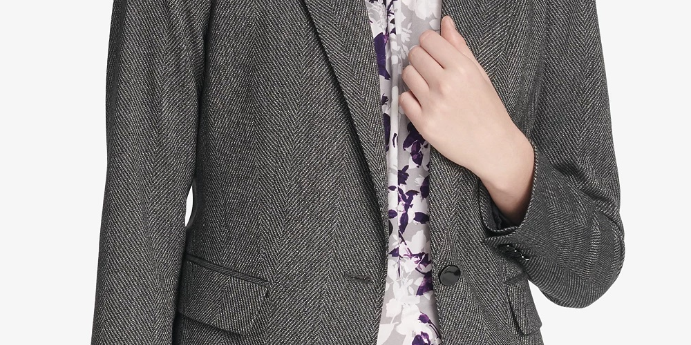 Jaqueta feminina Calvin Klein Herringbone com um botão, cinza médio, tamanho 6 Petite