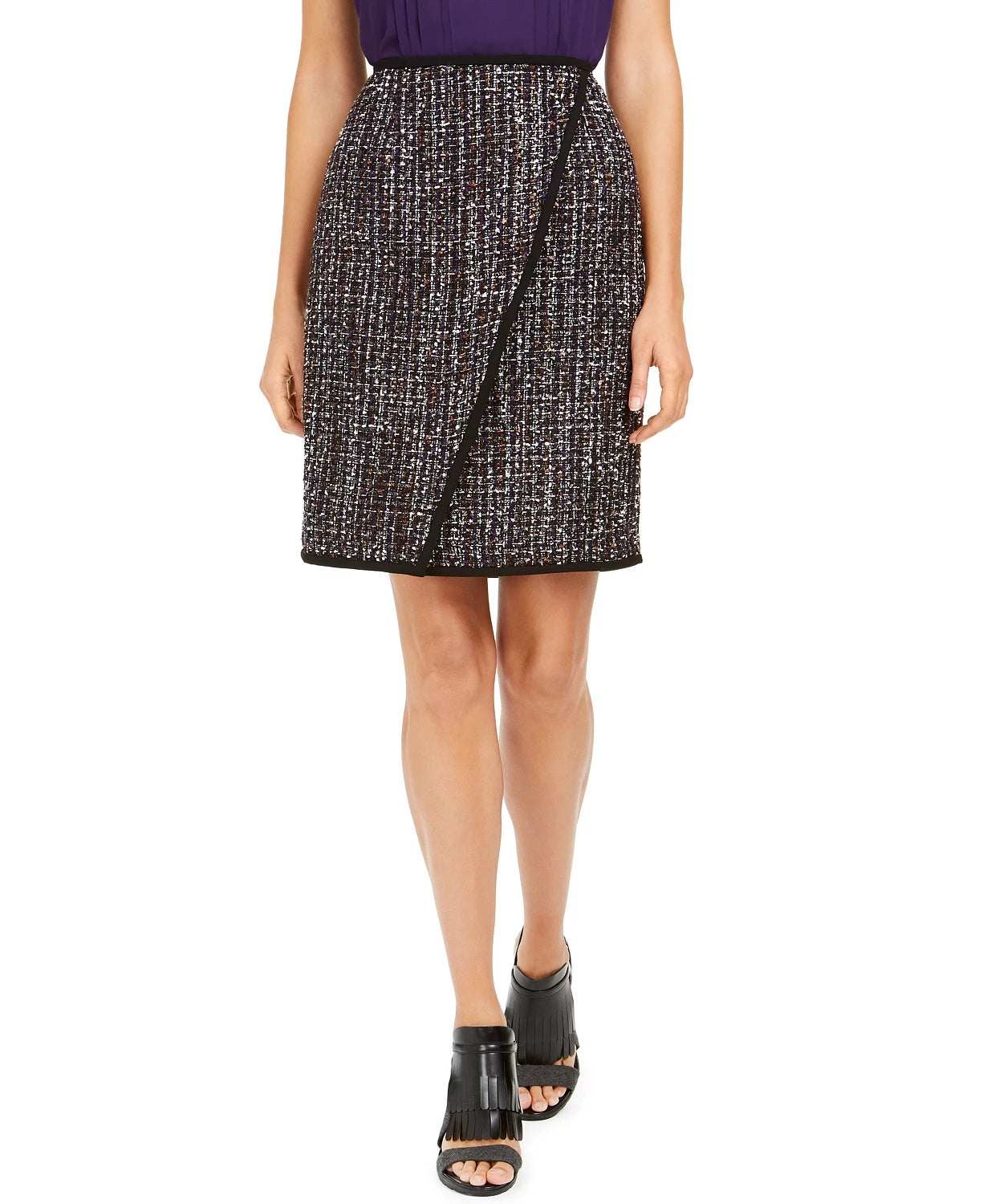 Calvin Klein Saia Feminina Tweed Sobreposta Frontal Preta Tamanho 8 Petite