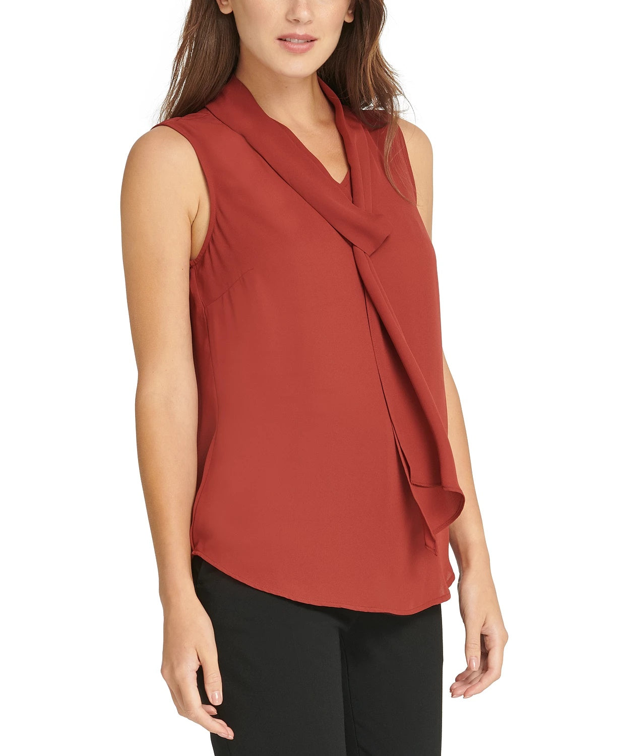 Blusa feminina DKNY com decote em V, bege, tamanho médio