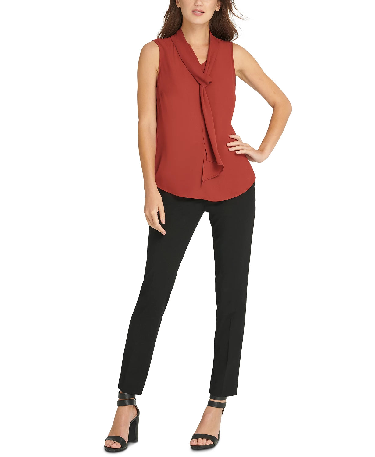 Blusa feminina DKNY com decote em V, bege, tamanho médio