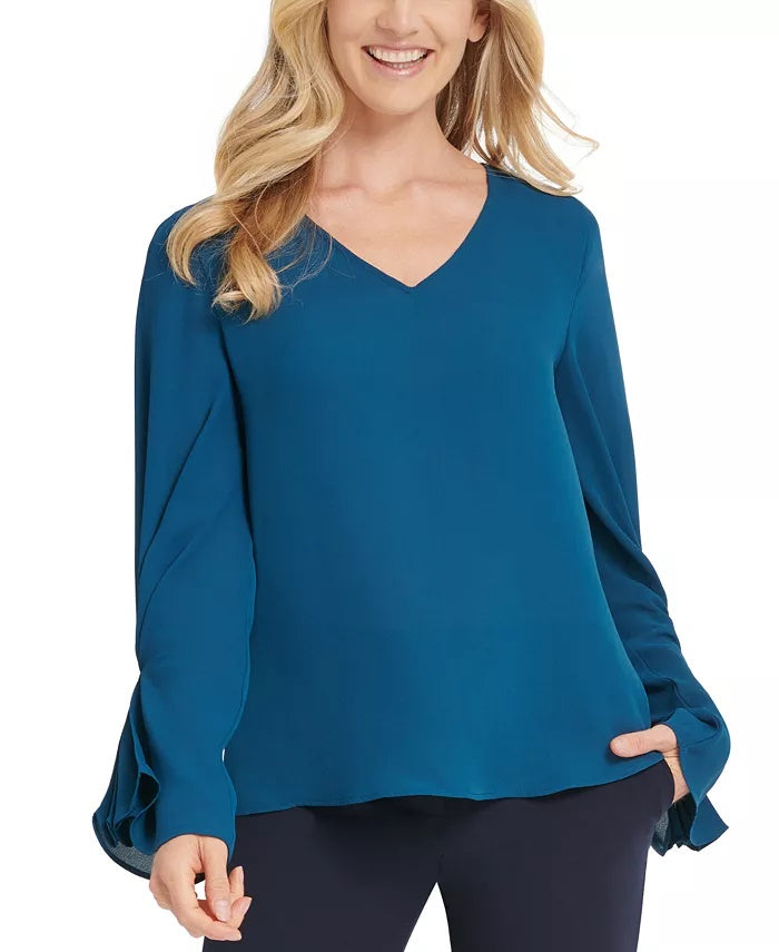 Blusa feminina DKNY com manga plissada, azul, tamanho XX-G