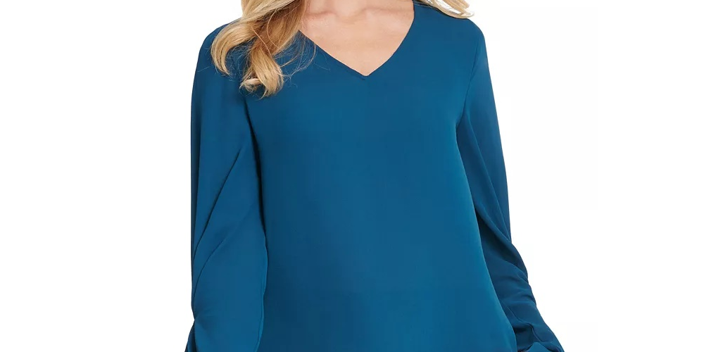 Blusa feminina DKNY com manga plissada, azul, tamanho XX-G