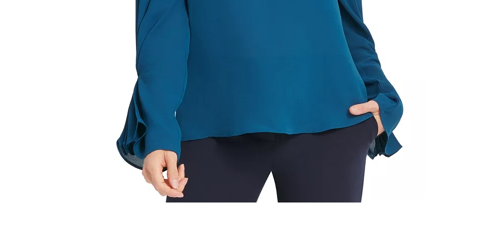 Blusa feminina DKNY com manga plissada, azul, tamanho XX-G