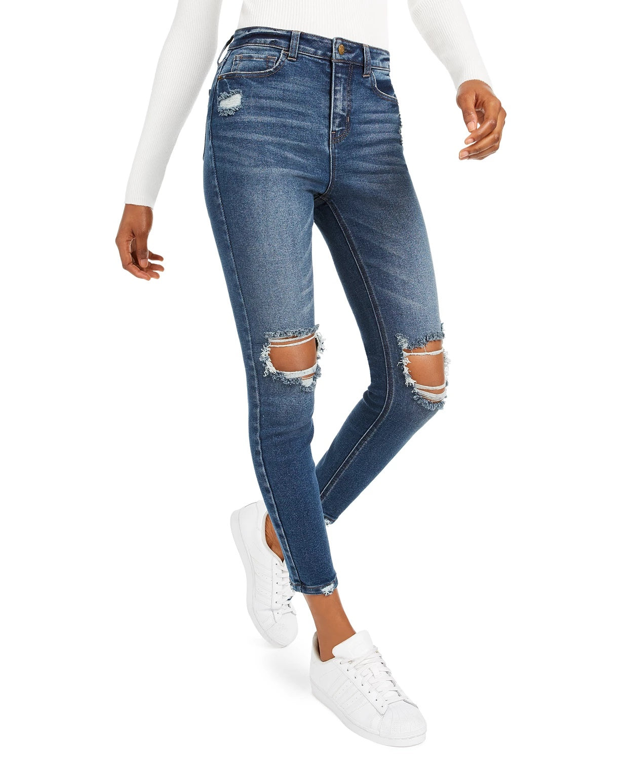Calça jeans skinny desgastada de cintura alta da Vanilla Star Juniors, tamanho 7, azul-marinho