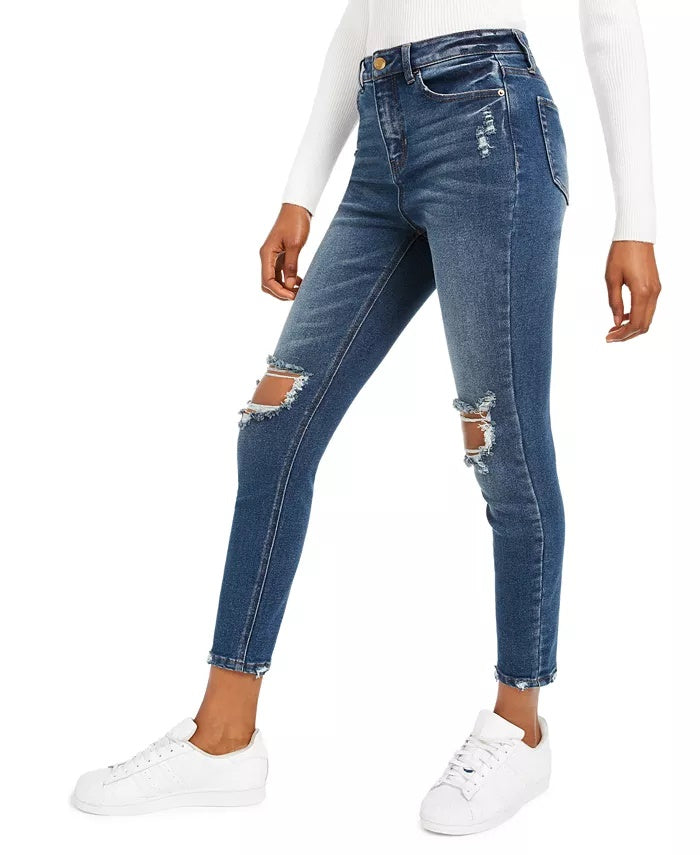 Calça jeans skinny desgastada de cintura alta da Vanilla Star Juniors, tamanho 7, azul-marinho