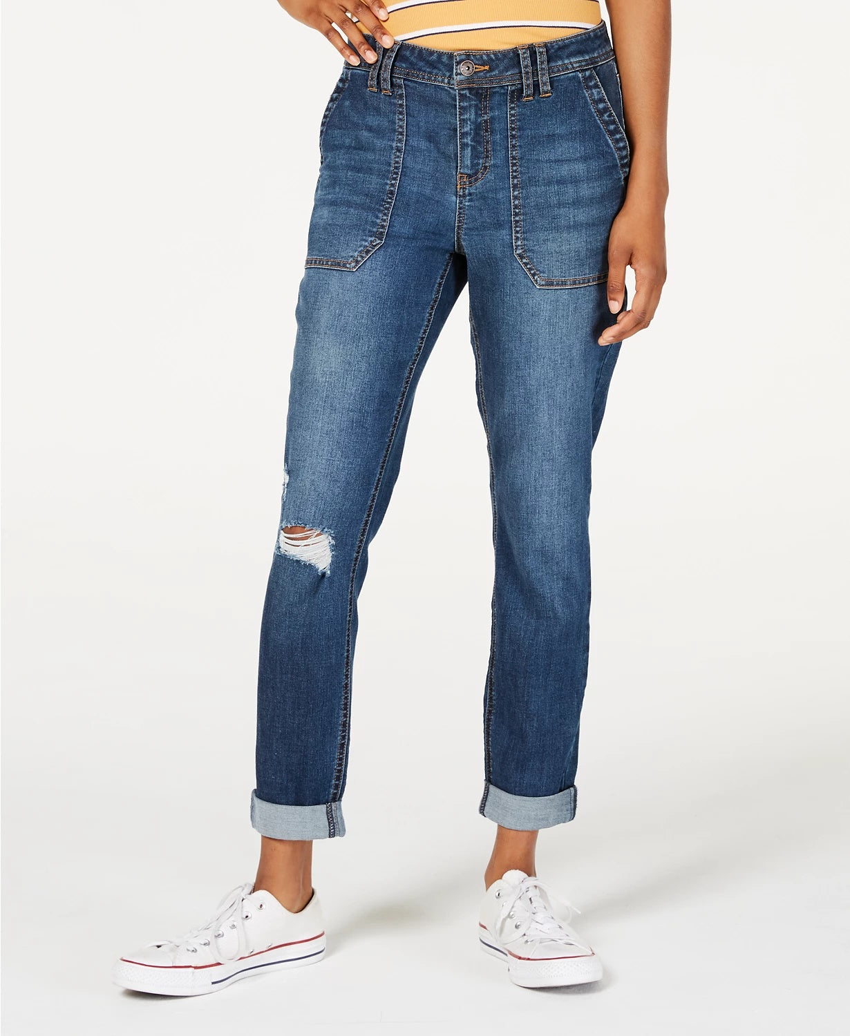 Calça jeans feminina Vanilla Star com punho rasgado, azul, tamanho 7